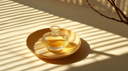 A glass bottle of amber liquid sits on a light beige plate.