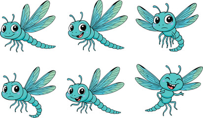 vector illustration of dragonfly insect funny cute cartoon mascot character cartoon with 6 poses 