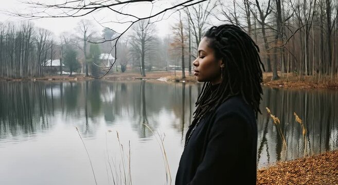 Woman meditating in nature by a lake on a foggy day, finding peace and spiritual balance, escaping the city to restore energy.