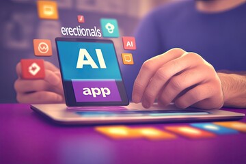 Hands interacting with a tablet displaying an AI app