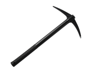 A black ice axe, isolated on a white background, used for safety and ascent in icy conditions.