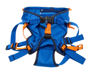 A blue rock climbing harness, isolated on a white background, crucial safety equipment for climbers.