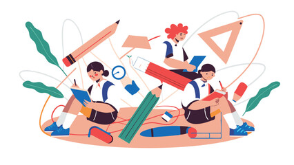 Illustration of students studying with pencils, rulers, and books in a colorful and playful scene