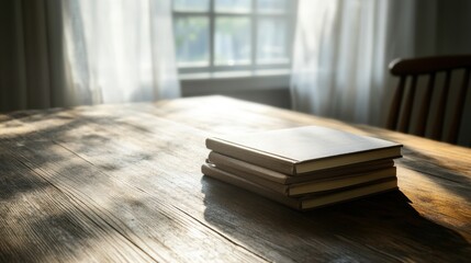 Stack of books on a wooden table in sunlight.