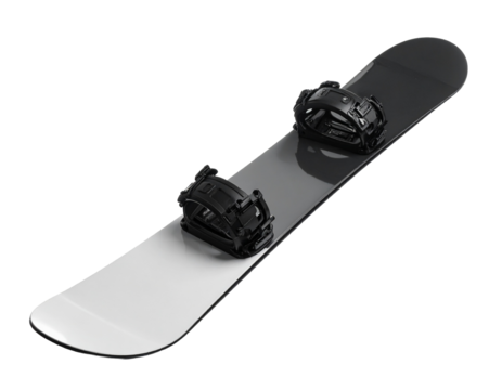A sleek black and white snowboard, isolated on a white background, symbolizing winter sports and extreme recreation.