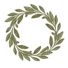 Olive branch arranged in a circular wreath. This is a hand-painted drawing made using watercolor technique. White background. Perfect for cards, logos, invitations, or holiday and seasonal decor.