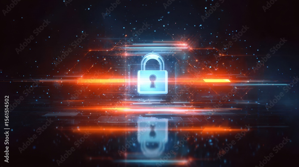 Poster digital lock icon surrounded by glowing lines and particles, representing cybersecurity and data pro