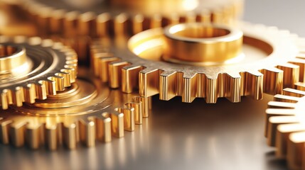 Close-up of shiny gold gears interlocking and rotating in mechanical machine.