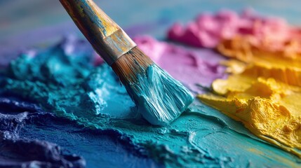Obraz premium Close-up of artist's paintbrush mixing vibrant blue and yellow oil paints on palette.