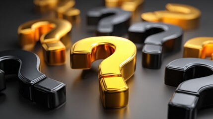 Collection of glossy black and gold question mark symbols on a dark reflective surface.