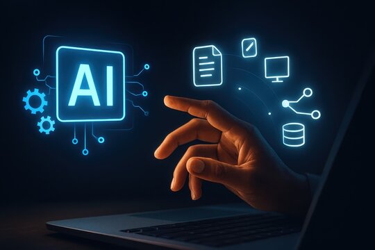 A hand interacts with glowing digital icons representing artificial intelligence technologies.