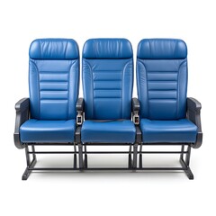 Three blue leather airplane seats are arranged in a row, isolated on white background