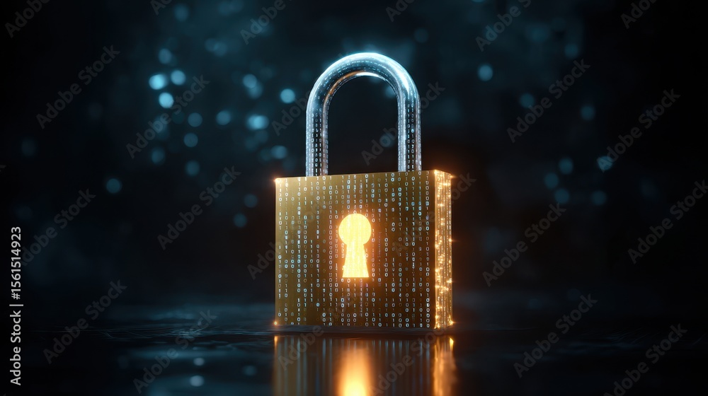Poster a digital padlock glowing with data streams, symbolizing security and encryption in a futuristic set