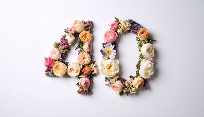 Number 40 made out of flowers with solid white background. Photo for 40th birthday or anniversary party