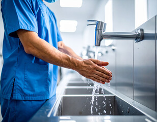 A doctor in blue scrubs and a face mask performs a meticulous handwash at a stainless steel hospital sink, with running water. This emphasizes medical hygiene, perfect for healthcare or safety themes.