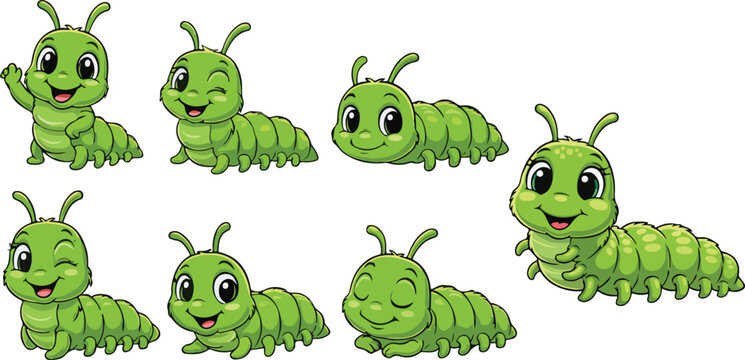 vector illustration of caterpillar worm maggot insect funny cute cartoon mascot character cartoon with 7 poses 01