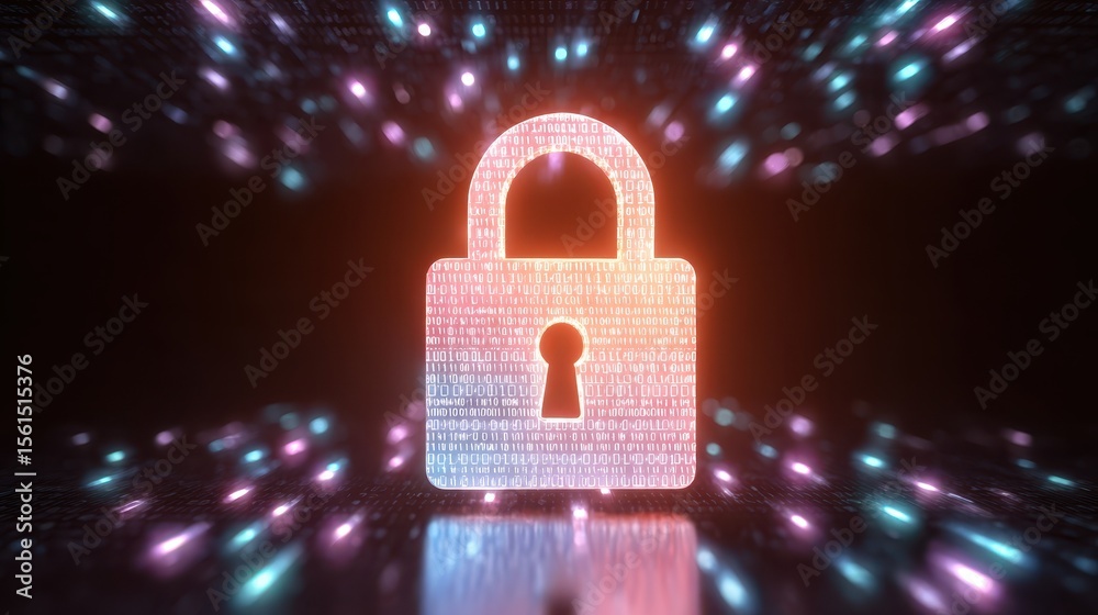 Poster digital padlock with binary code glowing, symbolizing data security and protection in a tech-inspire