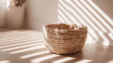 Fototapeta premium Elegant natural woven basket with sunlight shadows on wooden surface in bright room.