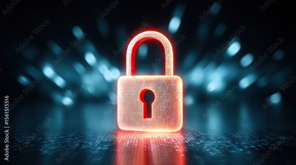 Poster digital lock symbolizing security and encryption with a glowing background, representing data protec