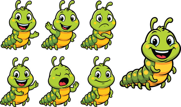 vector illustration of caterpillar worm maggot insect funny cute cartoon mascot character cartoon with 7 poses 02