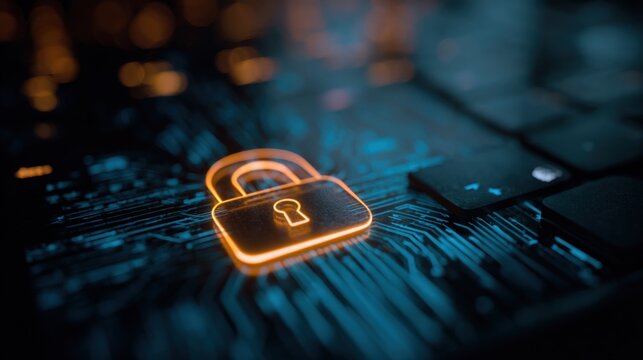 Digital Security Lock Icon on Circuit Board with Glowing Technology Data. - Powered by Adobe