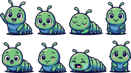 vector illustration of caterpillar worm maggot insect funny cute cartoon mascot character cartoon with 8 poses 02