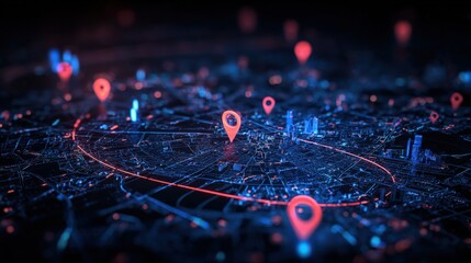 High Tech Digital Cityscape with GPS Location Pins and Cyber Network Overlay.
