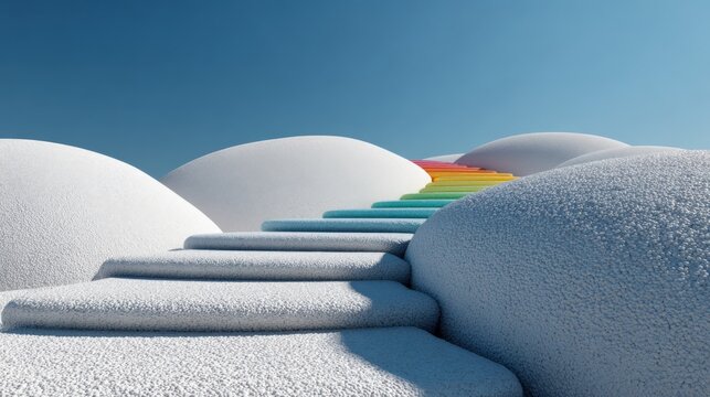 Modern colorful stairs leading to futuristic white rounded architectural structures under blue sky. - Powered by Adobe