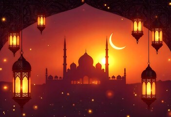 Majestic Mosque at Sunset with Ramadan Lanterns. A captivating image of a grand mosque silhouetted against a vibrant sunset, accented by traditional Ramadan lanterns.