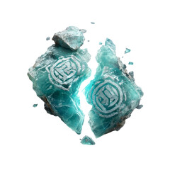 Shattered Teal Gemstone with Ancient Symbols - Mystical, Fractured Crystal