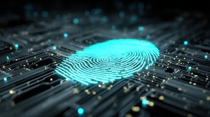 Close-up of a glowing digital fingerprint scanner on a futuristic circuit board.