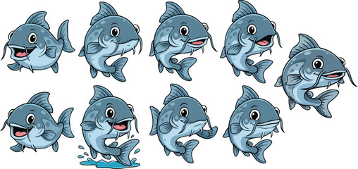 vector illustration of catfish fish lake funny cute cartoon mascot character cartoon with 9 poses © weng
