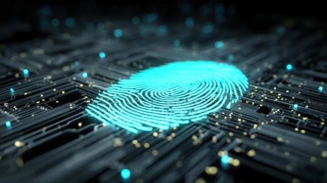 Close-up of a glowing digital fingerprint scanner on a futuristic circuit board. - Powered by Adobe