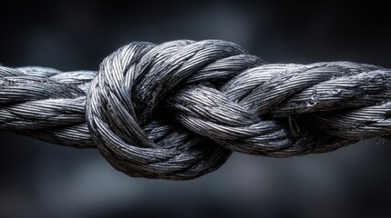 Close-up of a weathered thick rope knot made of metallic-gray twisted fiber material outdoor.