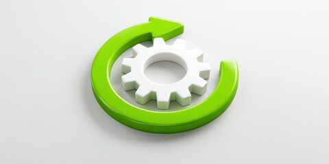 3D Illustration of a Green Circular Arrow Encircling a White Gear Gearwheel.