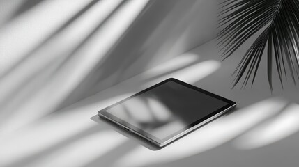 A gray tablet rests on a white surface, shaded by sunlight and a palm leaf.