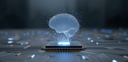 A glowing brain - shaped pattern emerges on the chip, dotted with blue light spots around. It’s full of a sense of technology and intelligent atmosphere, so cool!
