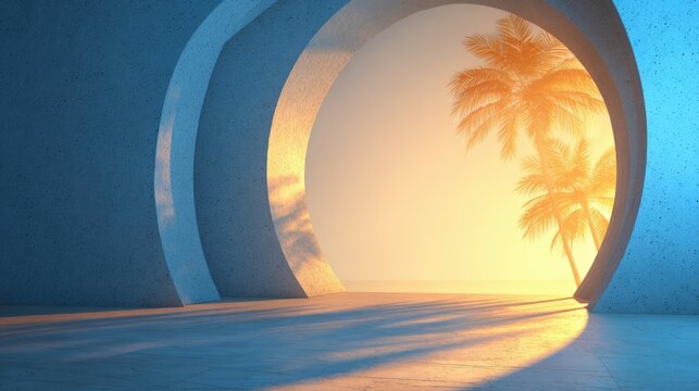 Modern architectural design with circular opening view of sunset and palm trees.