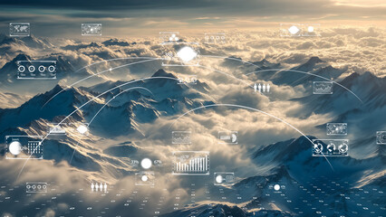 Futuristic satellite tracking visualization over snowy terrain, AI weather modeling and Earth observation design