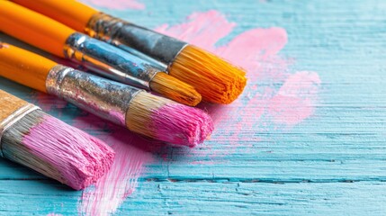 Obraz premium Colorful Paint Brushes with Pink and Glitter Paint on Light Blue Wooden Surface.