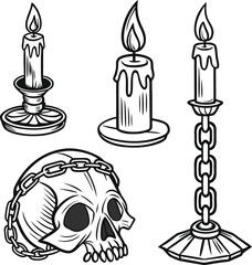 A vector illustration set of black and white candle icons, symbols, and silhouettes