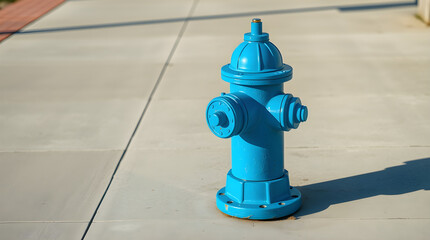 Fototapeta premium Bright blue fire hydrant standing on concrete sidewalk