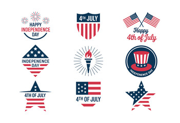 Patriotic 4th of july element collection including american flags, fireworks, badges, and liberty symbols for usa independence celebration