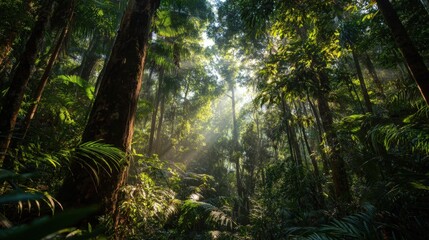 Lush tropical rainforest with dense green foliage sunlight filtering through trees.