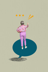 Vertical image poster photo collage of happy girl guy stand communication icon phrase...
