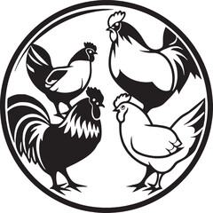 Circle emblem with group of chickens and roosters, great for farm branding, labels, or vintage packaging.