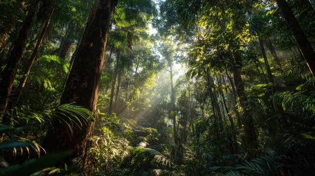 Lush tropical rainforest with dense green foliage sunlight filtering through trees. - Powered by Adobe
