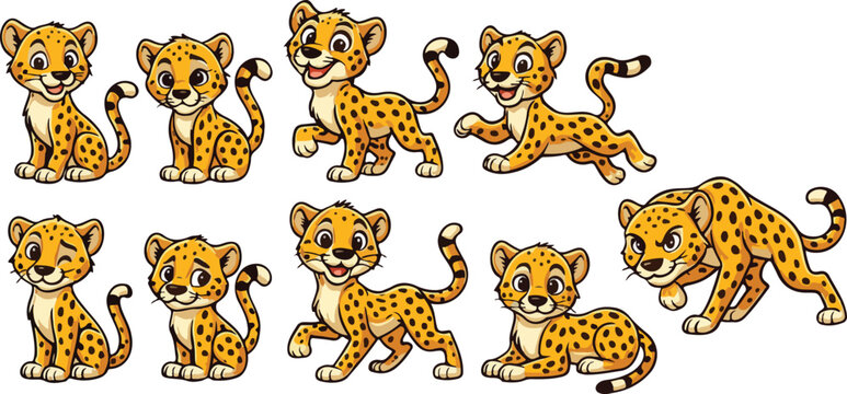 vector illustration of cheetah jaguar tiger puma leopard cat funny cute cartoon mascot character cartoon with 9 poses - Powered by Adobe