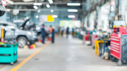 Fototapeta premium Mechanics work tirelessly in a busy car service centre with various tools and equipment