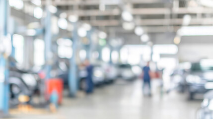 Busy car service center with mechanics working and tools in a dimly lit atmosphere